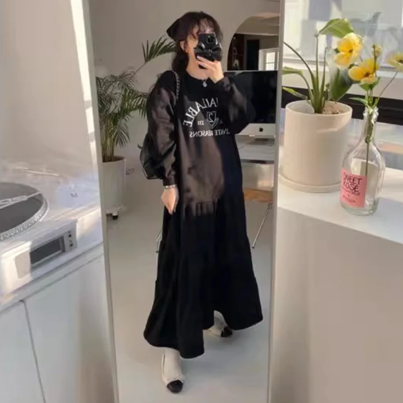 French Casual Simple Vestidos Women Letter Printing Loose Stitching Layered Long-sleeved Sweater Dress 2024 Autumn Korean Robe