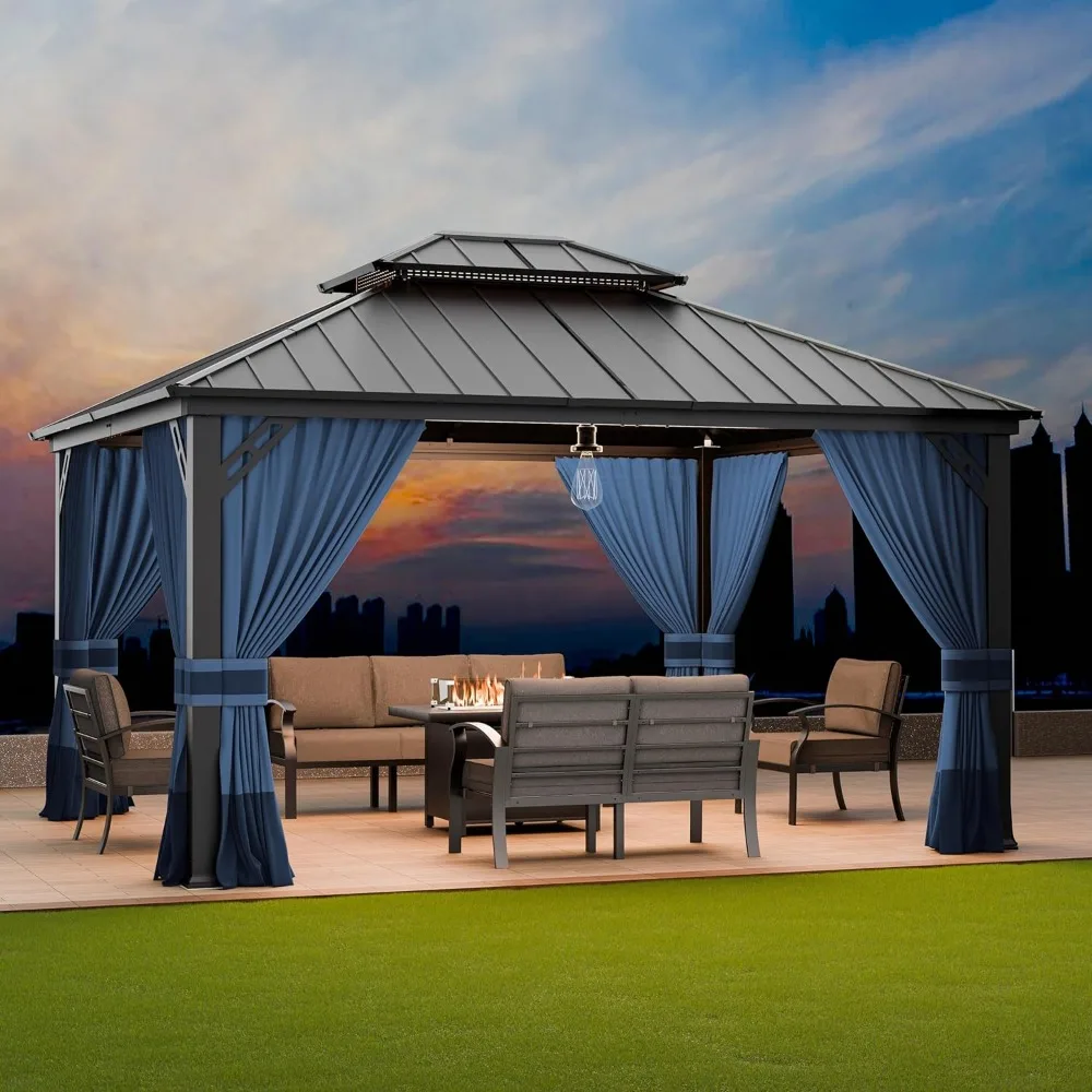 

12’x14’ Outdoor Gazebo, Aluminum Frame Permanent Gazebo Galvanized Steel Double Roof Pergola, Outdoor Gazebo