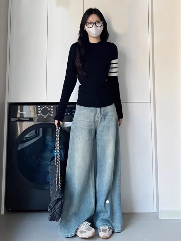 

Slim Fit Long Sve Bla Knitted irt Women's Sle Commute Faion Korean Brand do Mei Splice Pattern Regular Sve