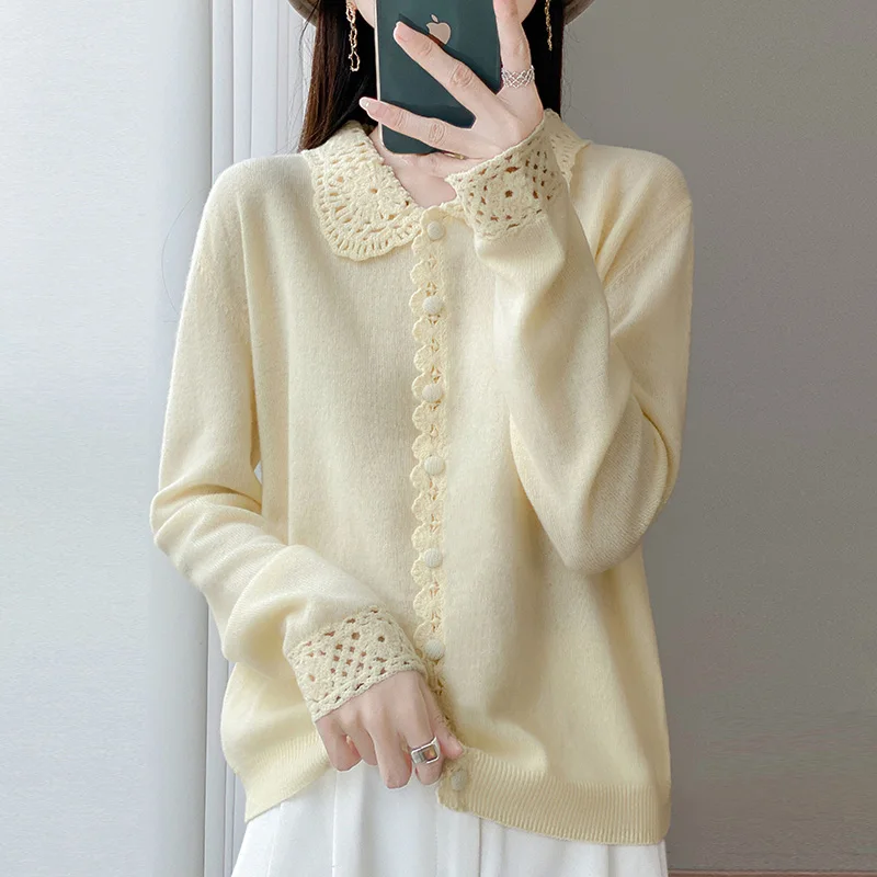 

Осенне-зимний кардиган-поло из 100% мерсеризованной шерсти, женский свободный темпераментный кашемировый вязаный свитер с длинными рукавами