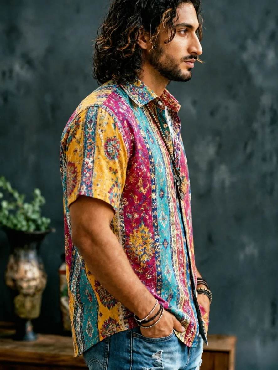 Men's Vibrant Bohemian Mandala Stripe Short Sleeve Shirt, Lightweight Casual Button Top with Random Ethnic Print, Beach Gift.