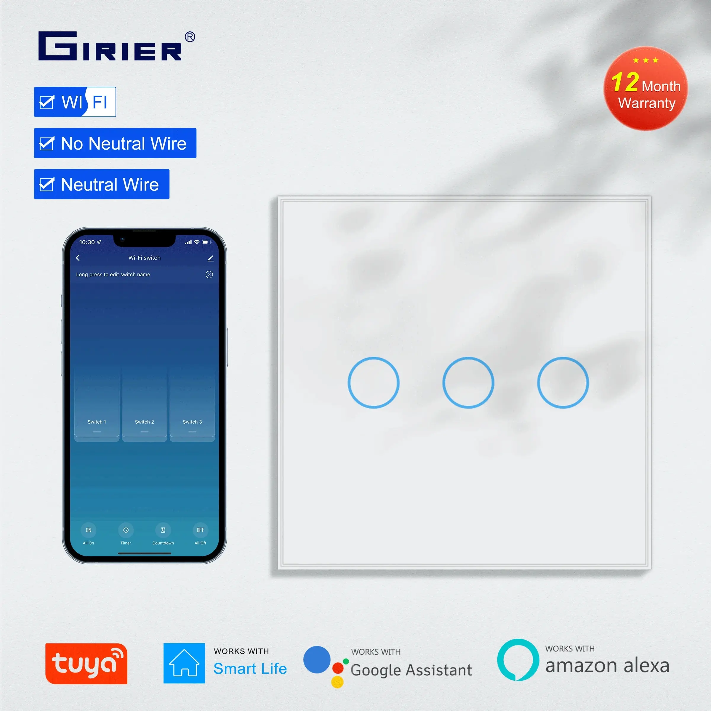 GIRIER Tuya Smart WiFi Light Switch 1/2/3 Gang Smart Touch Wall Switches EU Works with Alexa Google Home, Neutral Wire Optional