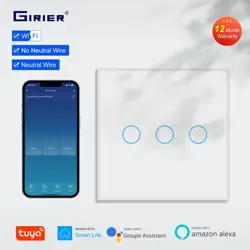 GIRIER Tuya Smart WiFi Light Switch 1/2/3 Gang Smart Touch Wall Switches EU Works with Alexa Google Home, Neutral Wire Optional