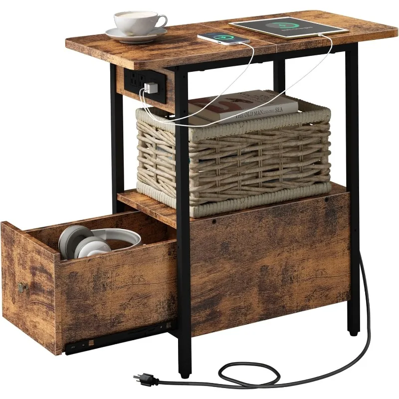 طاولة نهاية الشحن الضيقة، مع منافذ ومنافذ USB بالإضافة إلى درج، لغرفة النوم ذات المساحات الصغيرة #2