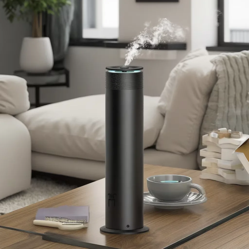 Hotel Waterless Smart Essential Oil Tower Aroma Diffuser Silver Black, Color Led Light Cylindrical Scent Diffuser for Home Use