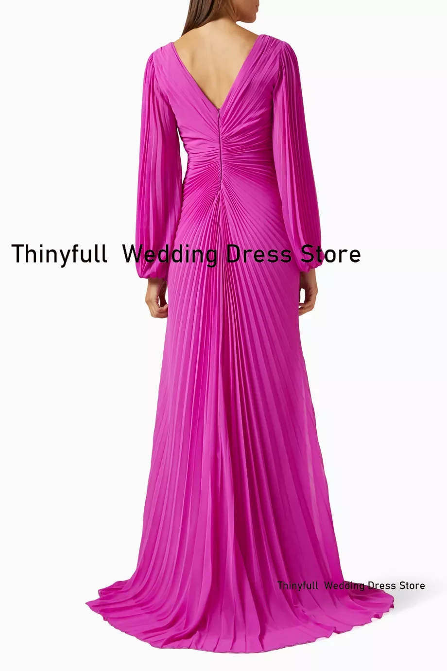 Thinyfull Chiffon Prom Dresses V-neck Long Sleeves Evening Party Gown Pleat Split Outfit Dubai 2024 Formal Occasion Dress