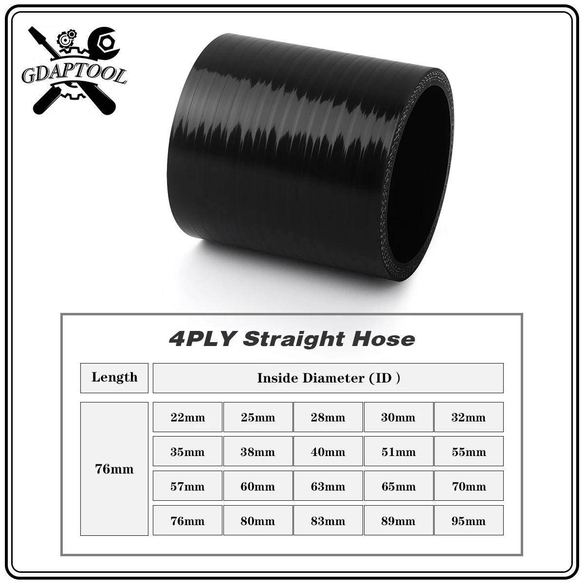4-PLY Black Straight Silicone Hose 76mm Length ID 22 - 95mm Universal Intercooler Radiator Coolant Pipe