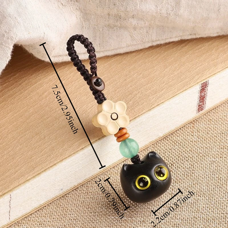 Cute Cat Ebony Key Chain Multifunctional Unisex Key Ring Bag Charm Phone Pendant Key Fob Handmade Wooden Animal Craft Ornament