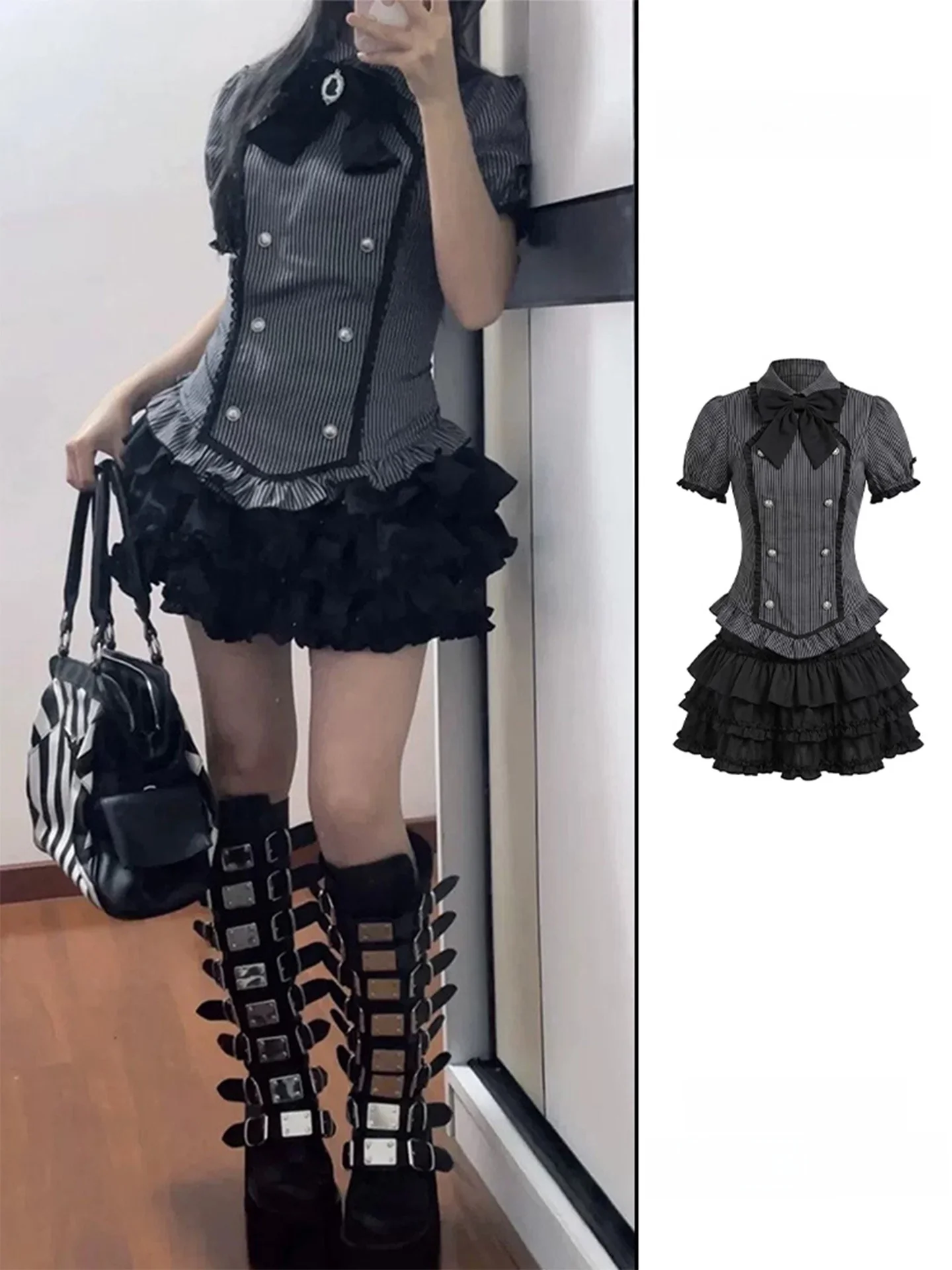 

Gothic Stripe Knot Short Sleeve Shirt Women Summer Subculture Lace Puffy Cake Short Skirt Two Piece Set Fashionable...