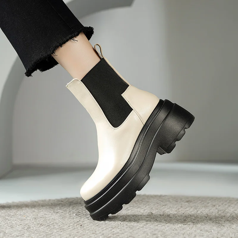 Smirnova-Botas Chelsea plataforma para mulheres, couro genuíno, slip-on, saltos altos quadrados, botins de tornozelo, cores misturadas, novo, 2023