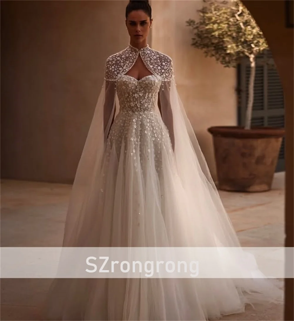 Robe de mariée Boho en Tulle, col en cœur, ligne a, perles, cristal, dos à lacets, avec Cape détachable, personnalisée