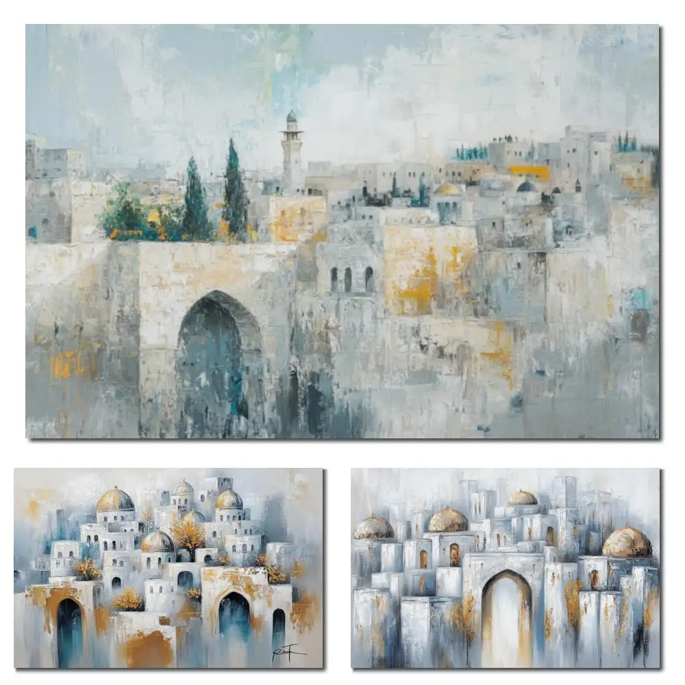 

Large Jeruslaem Canvas Art Handmade Textured Abstract Painting Holy City Landscape Jewish Artwork Family Room Restaurant Decor