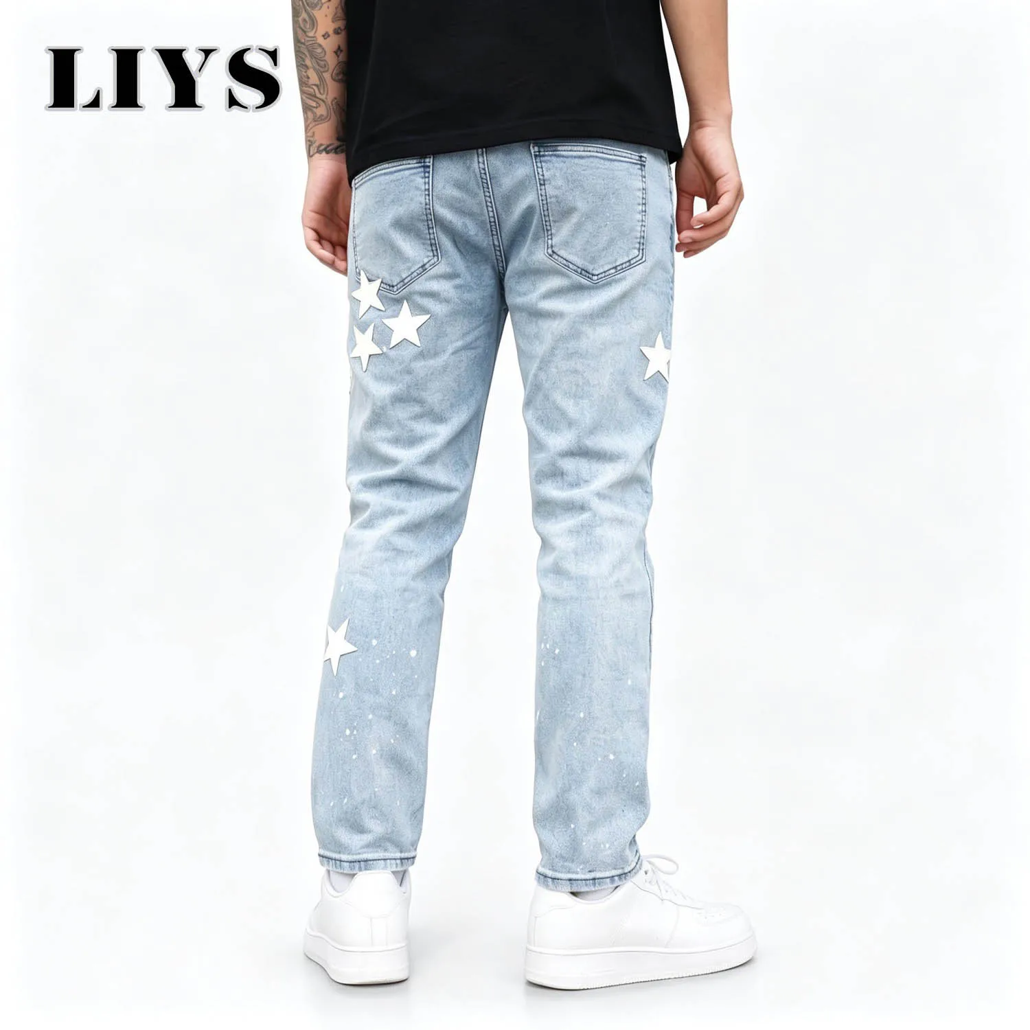 Men's Slim Fit Jeans Light Blue Star Print Ripped Distressed Slim Leg Denim Pants No Stretch Streetwear Y2K Casual Trousers