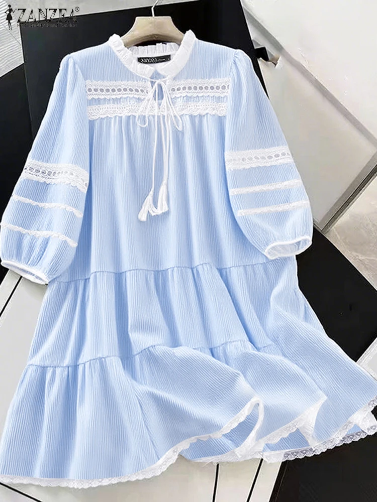 

2025 Autumn Striped Dress Women Casual Loose Sundress ZANZEA Fashion Lace-Up Vestidos O-Neck 3/4 Lantern Sleeve Robe Femme