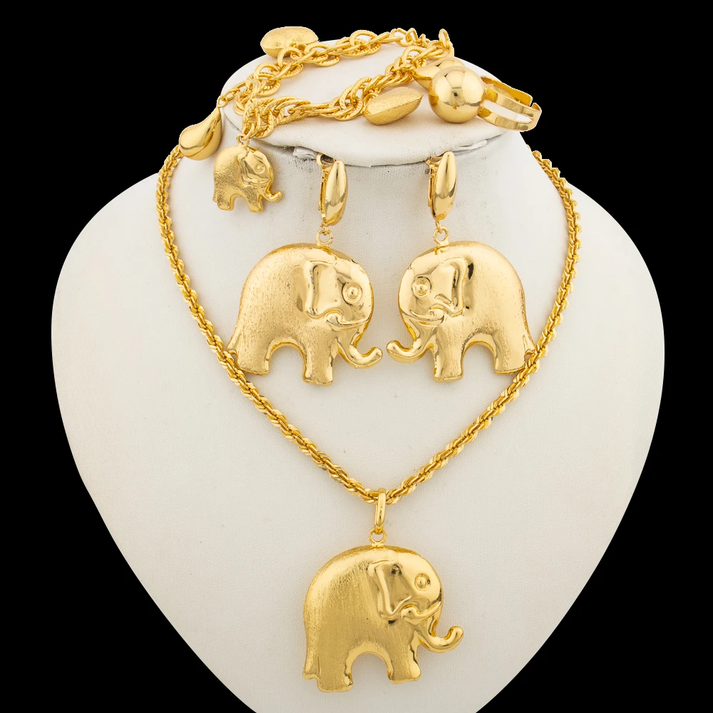 

Nigerian Gold Color Elephant Design Jewelry Set for Women Chain Necklace and Dangle Earrings Bracelet Ring Set for African Gifts