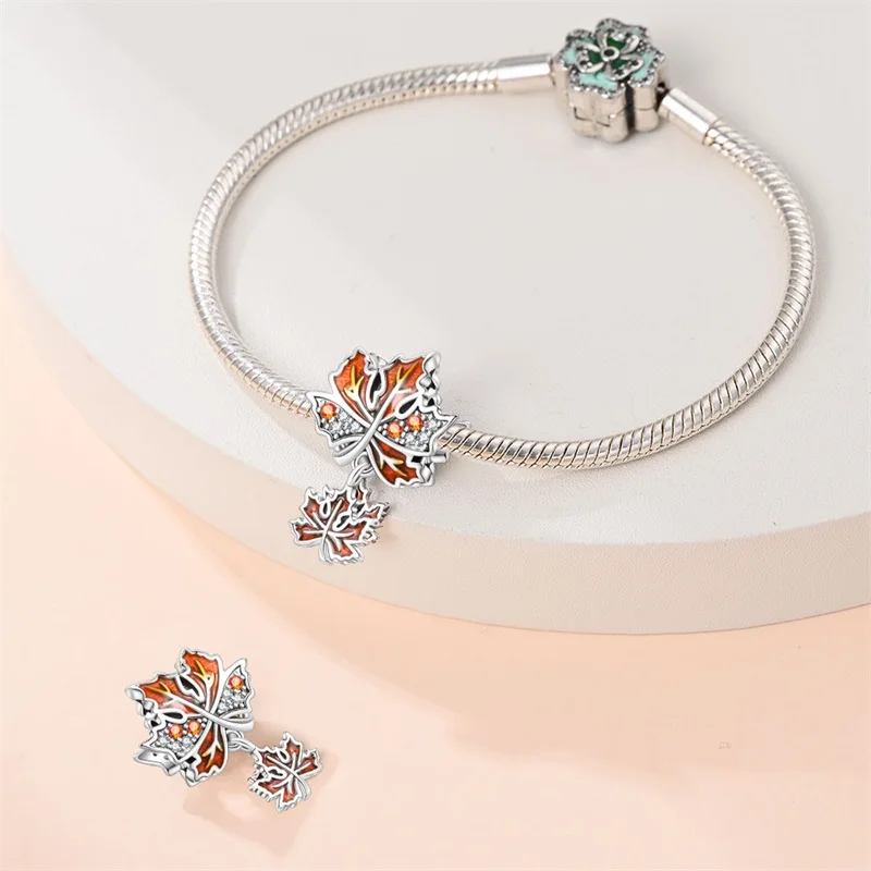 Herbstserie aus 925er-Sterlingsilber, braune Ahornblätter, Vogelscheuche, Eichhörnchen, Kürbis-Charms, Perlen, passend für Pandach-Armbänder, DIY-Schmuck – Detail 2