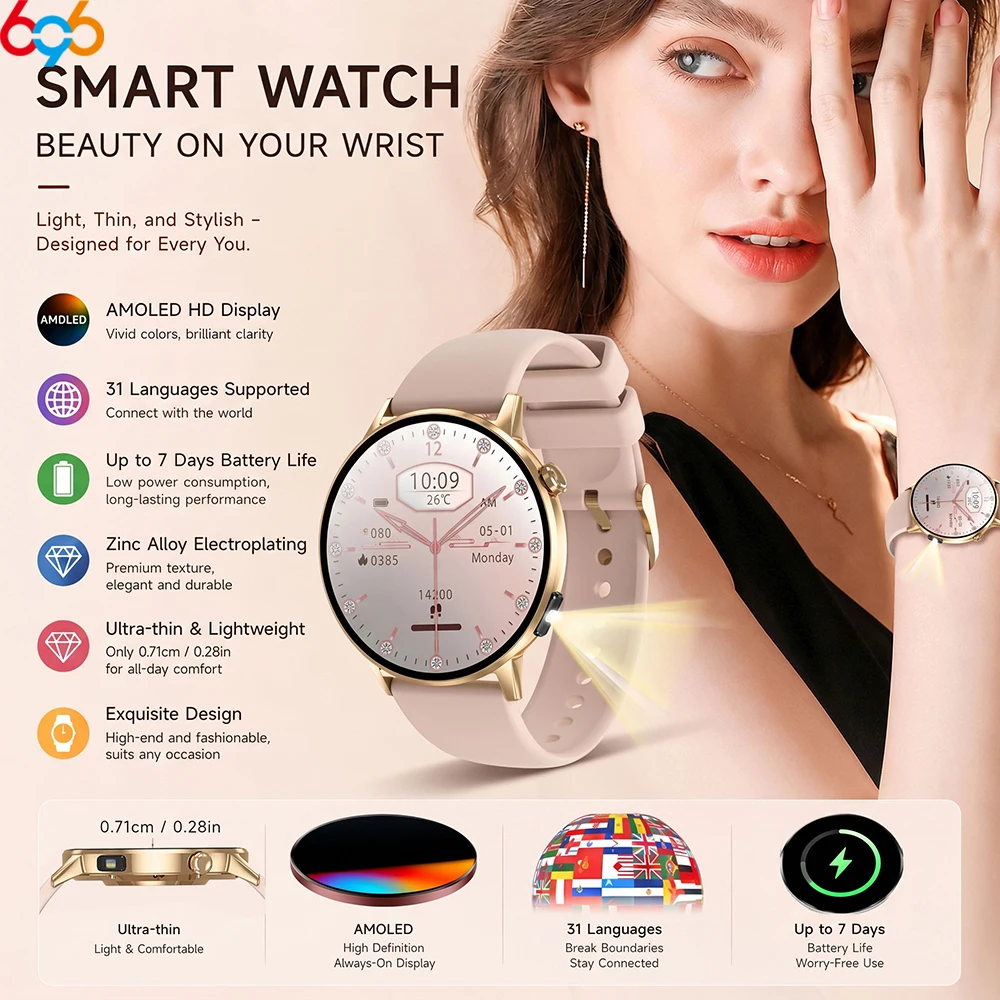 

High-level Women Smartwatch AMOLED Screen Blue Tooth Call Smart Watch Lady Heart Rate Multifunctional Flashlight Voice Assistant