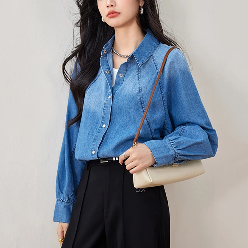 

Fashion Autumn Basic Denim Shirt Vintage Blouse Korean Long Sleeve Loose Shirts Women Blouses Vintage Work Casual Tops