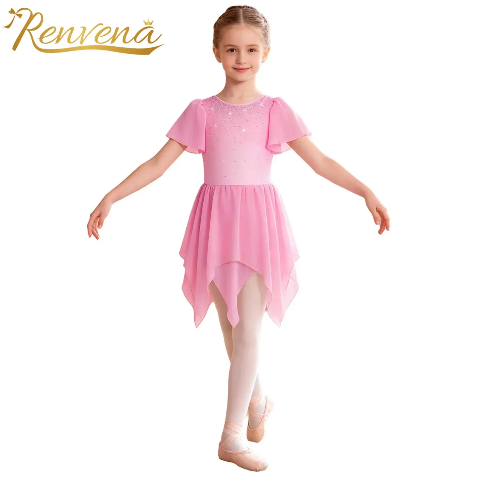 Vestido de patinaje asimétrico para niñas con pedrería, vestido de ballet con volantes en capas, disfraz moderno para fiestas y actuaciones escénicas