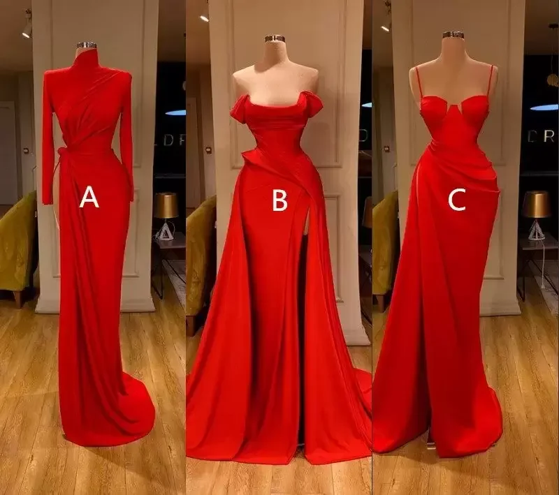 Sexy Arabi Red Mermaid Prom Dresses High Neck Long Sleeves Evening Gown Side Split Formal Party Bridesmaid Dress Custom Made