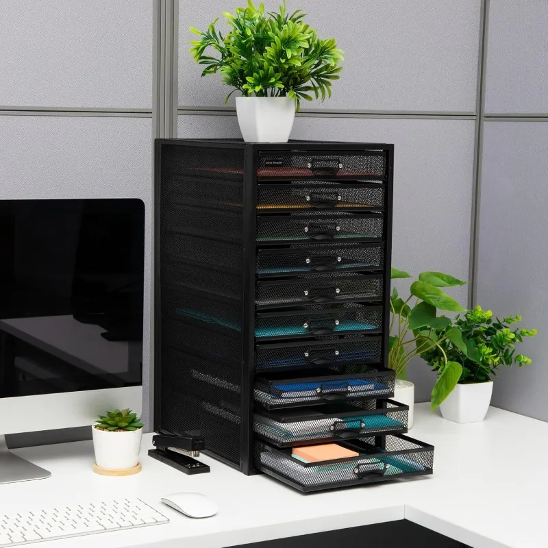 Organizador de escritorio de 10 cajones para suministros de oficina, manualidades, clasificación de correo y más, malla metálica, 10,75 pulgadas de largo x 14 pulgadas de ancho x 21,25 pulgadas de alto