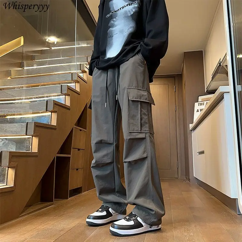 

New Autumn Men Casual Pants Straight-leg Pocket Loose Wide-leg Work Trousers Streetwear Solid Elastic Waist Drawstring Joggers
