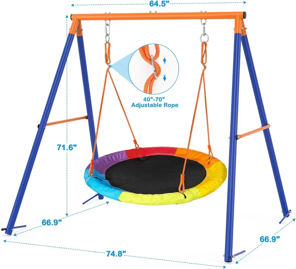 Swing with Stand for Kids Outdoor 440lbs Swing Set with Heavy-Duty Metal Frame and Adjustable Ropes, Safe Waterproof Round Swing