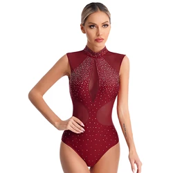 Womens Figure Skating Ballet Dance Leotard Rhythmic Gymnastics Acrobatics Performance Dancewear Rhinestones Sheer Mesh Bodysuit