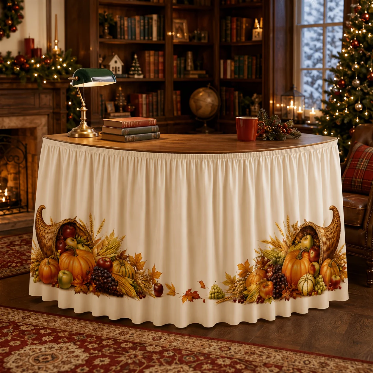 One table skirt made of shell, pumpkin, grape, apple, wheat and maple leaf, for Thanksgiving and autumn table decoration