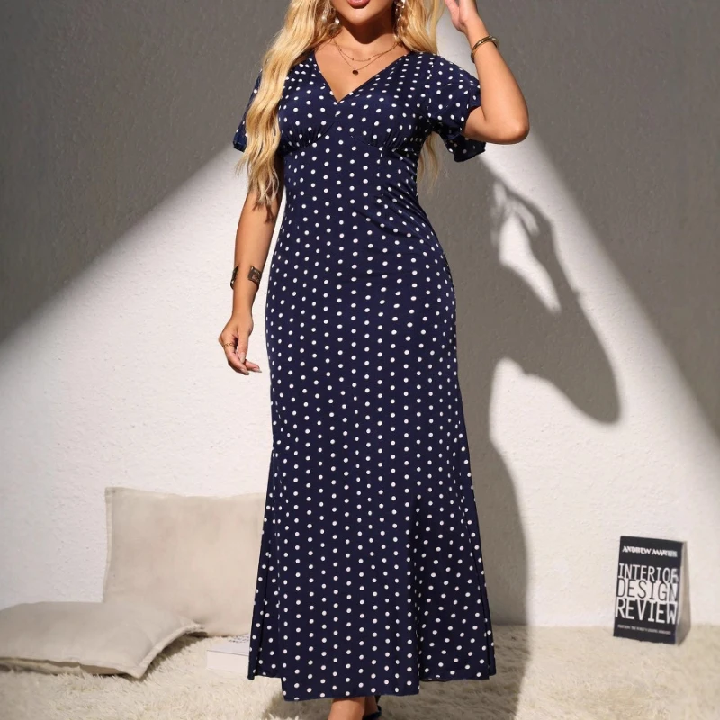 Vintage Style High Waist Polka Dot Long Dress Woman Summer Casual Short Sleeve Straight Dresses Female 2026 Street Style Dress