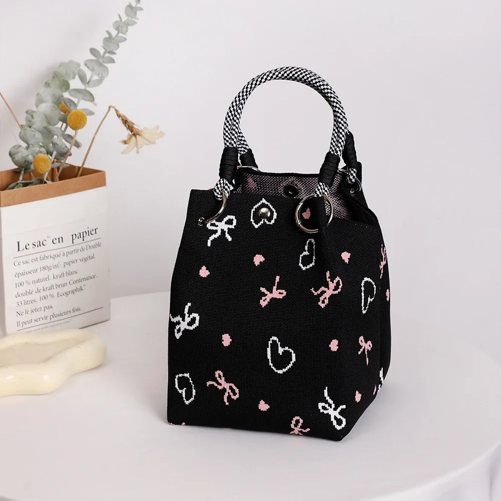 

Fashion Cartoon Knitted Bucket Bag Handmade Woven Ring Buckle Wrist Bag Large Capacity Shoulder Bag for Women Girls