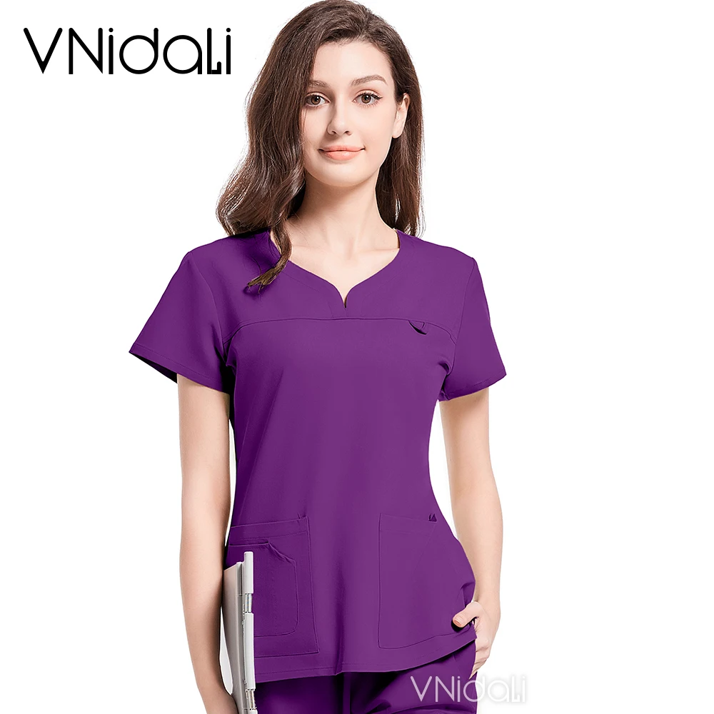 Uniforme quirúrgico ajustado de manga corta para mujer, ropa de trabajo de laboratorio médico, Color sólido