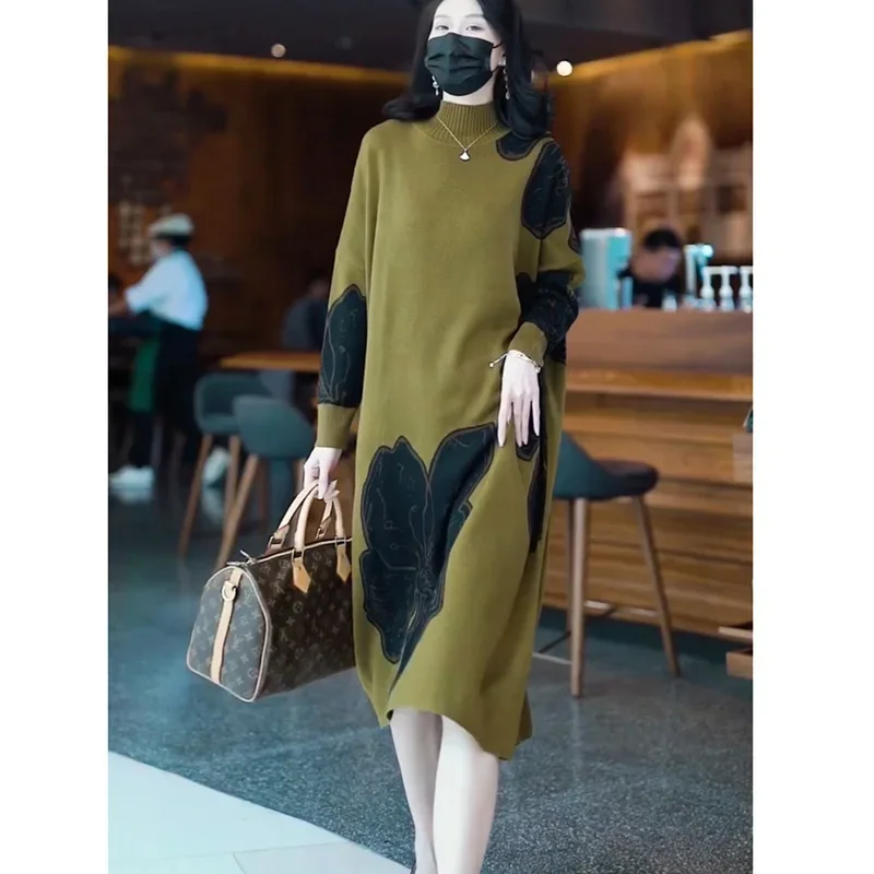 

Women Loose Commute Comfort Soft Wool Knit Dress Autumn Winter Fashion Jacquard Thickening Warm Casual Half High Collar Dress