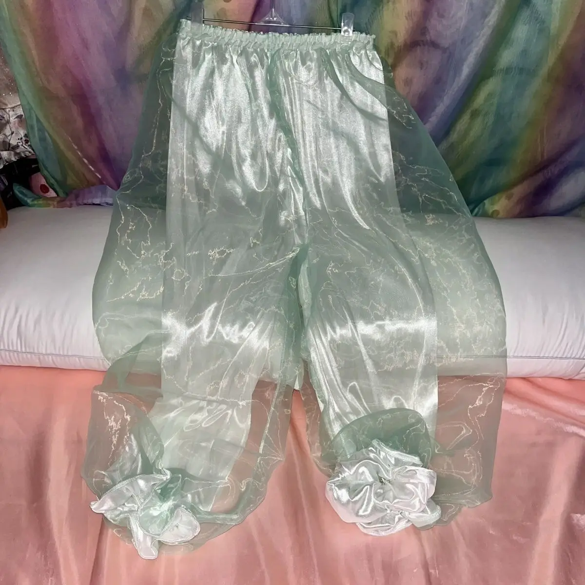 Glossy 2 layers satin mesh gauze pajamas pants Summer spring plus size sleeping bottoms lantern trousers