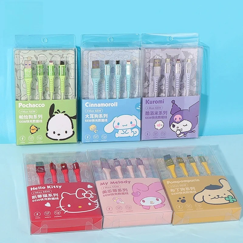 

3 in 1 66W Fast Charger Kawaii Cartoon Anime Figures Kuromi My Melody Data Cable Charging Micro Usb Type C Apple Phone Lightning