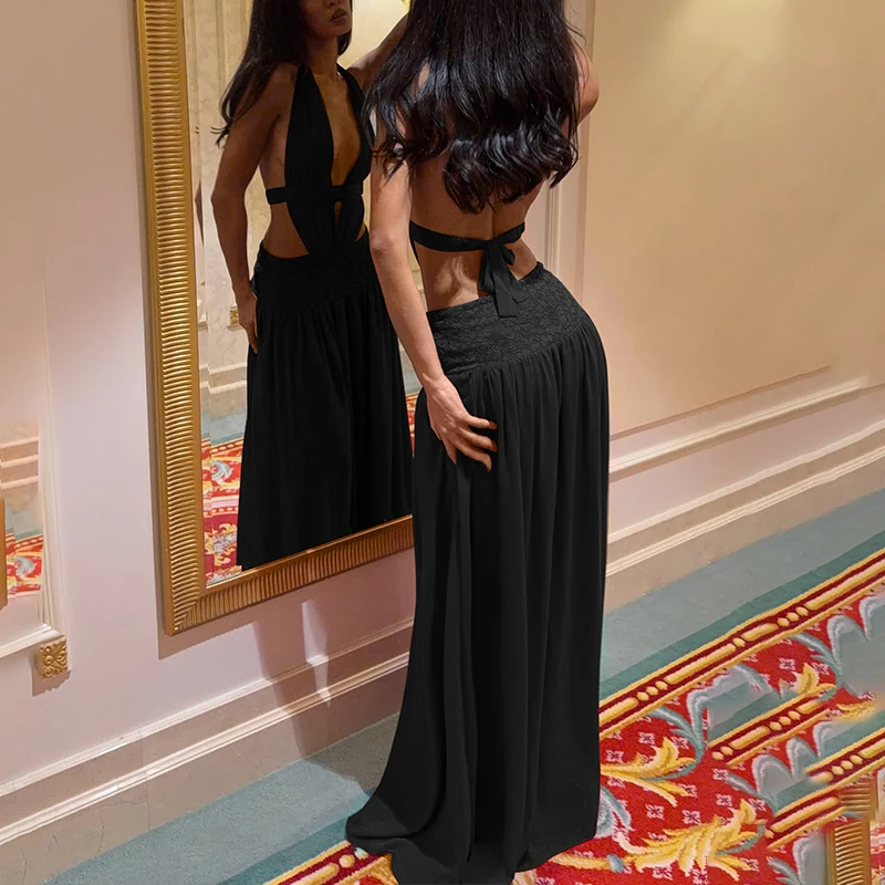 Hugcitar Damenmode, Neckholder, V-Ausschnitt, einfarbig, rückenfrei, gerüscht, mit Schnürung, sexy Maxikleid, Patchwork-Spitze, Sommerkleid, Strandurlaub – Detail 24