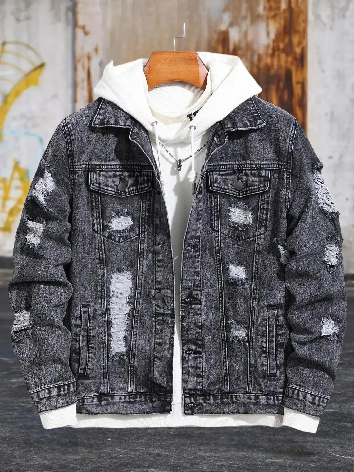1 STÜCK Lässige, heiß verkaufte schwarze, steingewaschene Fliegerjacke für Herren, tägliche amerikanische Street-Fashion-Jeansjacke – Detail 2