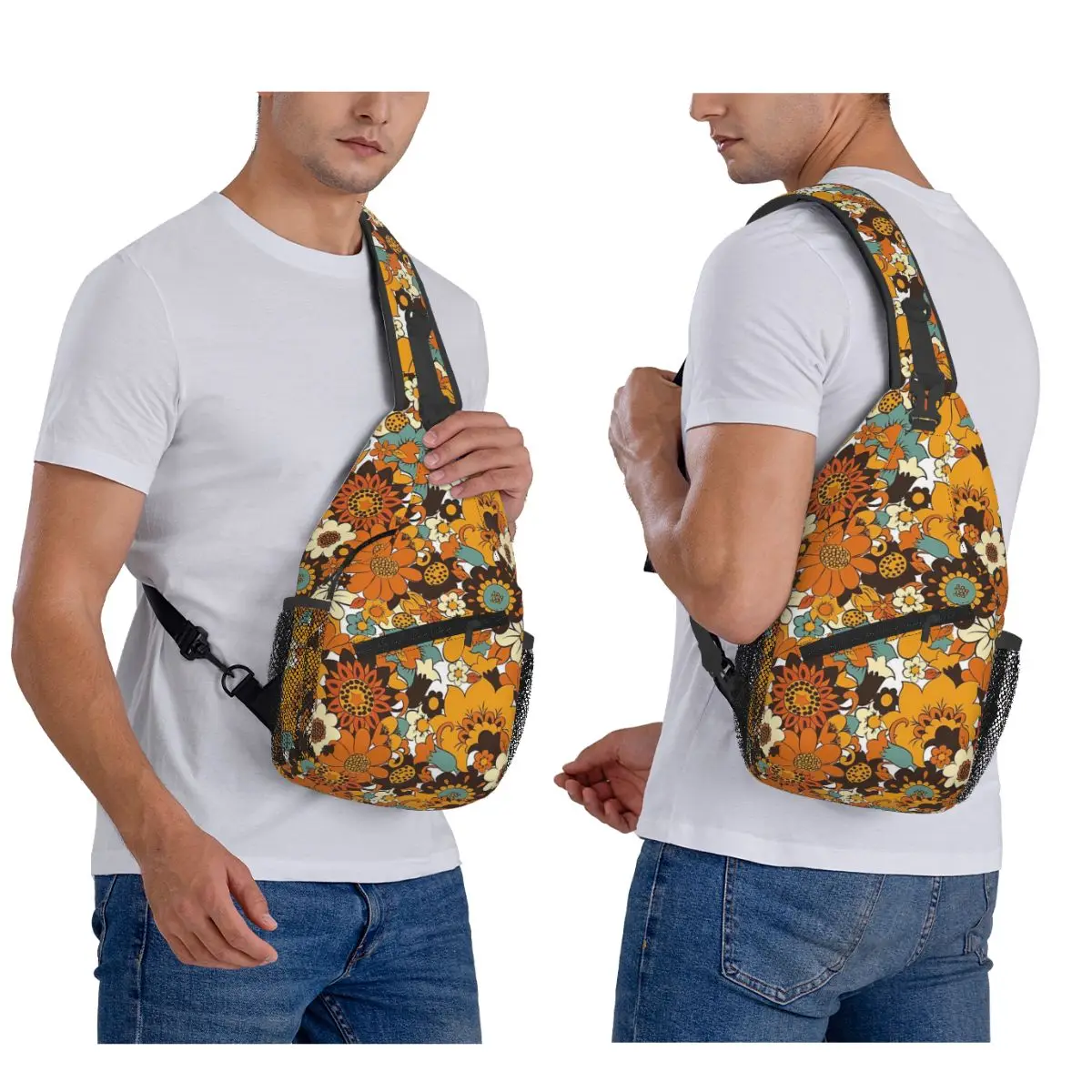 70s 60s Retro Flower Power, Floral Pattern Chest Bag Men Sling Crossbody Backpack Chest Bag Traveling Daypack Shoulder Bag