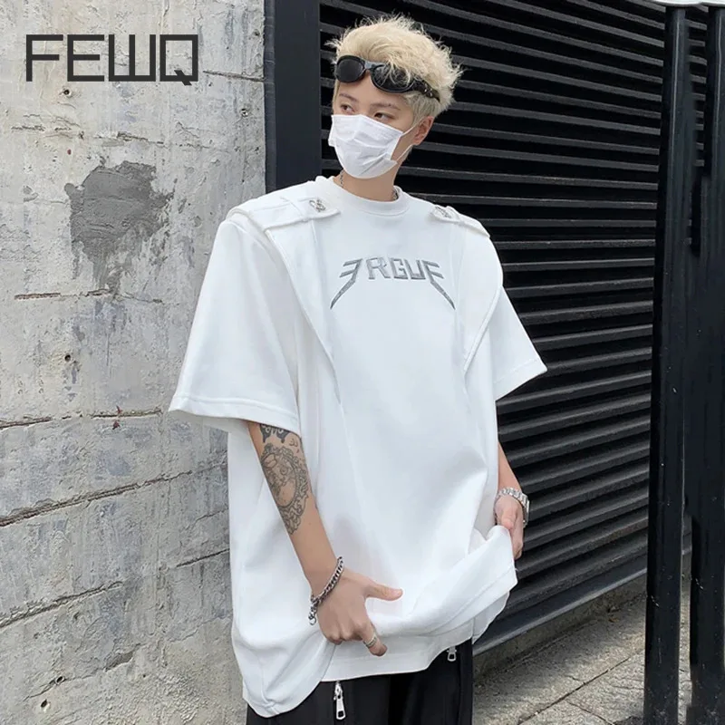 

FEWQ Men's T-shirt Design Shoulder Pad Letter Design Printed Short Sleeved Metal Buckle Round Neck Male Tops Fashion 24X9155