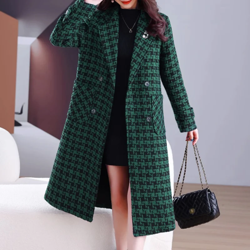 

Women's Casual Windbreaker Jacket, Plaid Overcoat, Loose, Long, Double-Breasted, Female Outwear, Spring, Autumn, 2023