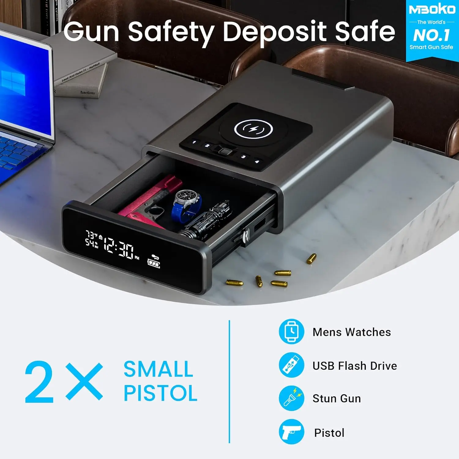 Biometric Discreet Gun Safe with 12-Hour Time Clock Display, Wireless Charging Pistol Safe for Handgun with Adjustable Brightnes