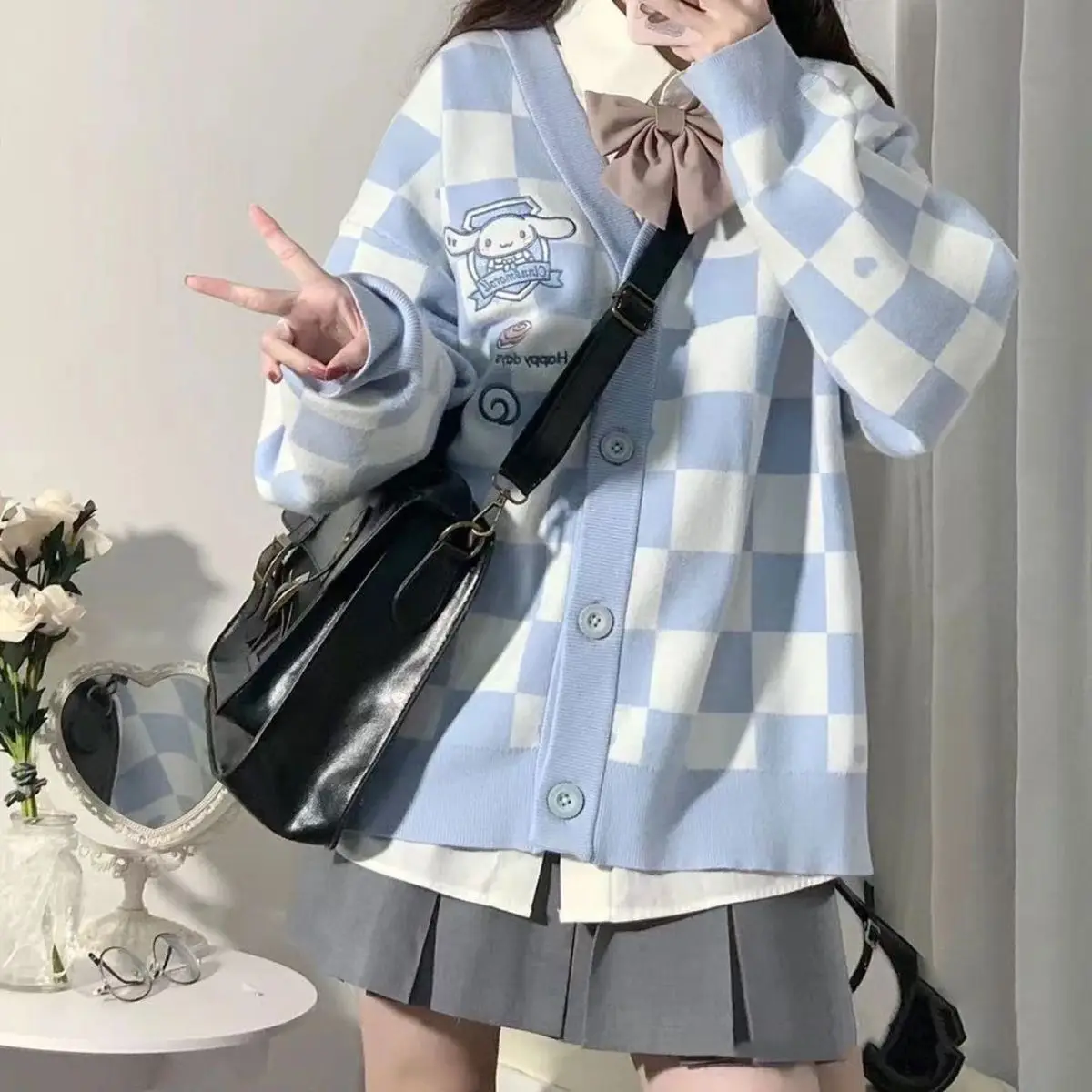 Sanrio kawaii Cinnamoroll cute jk uniform checkerboard sweater jacket cardigan women winter college style top loose blue sweater