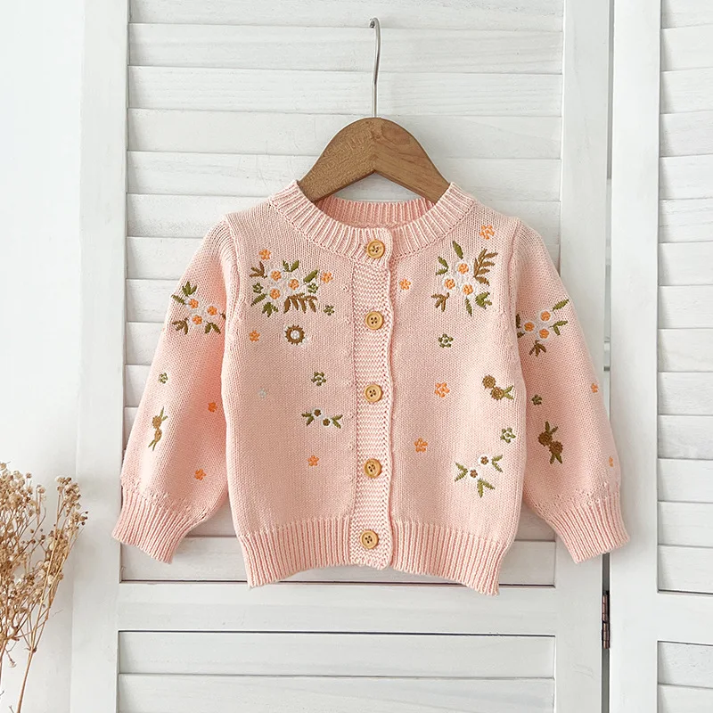 2024 Baby Sweater Girls' Baby Sweater Jacket Stylish and Versatile Girls' Flower Embroidery Knitted Cardigan