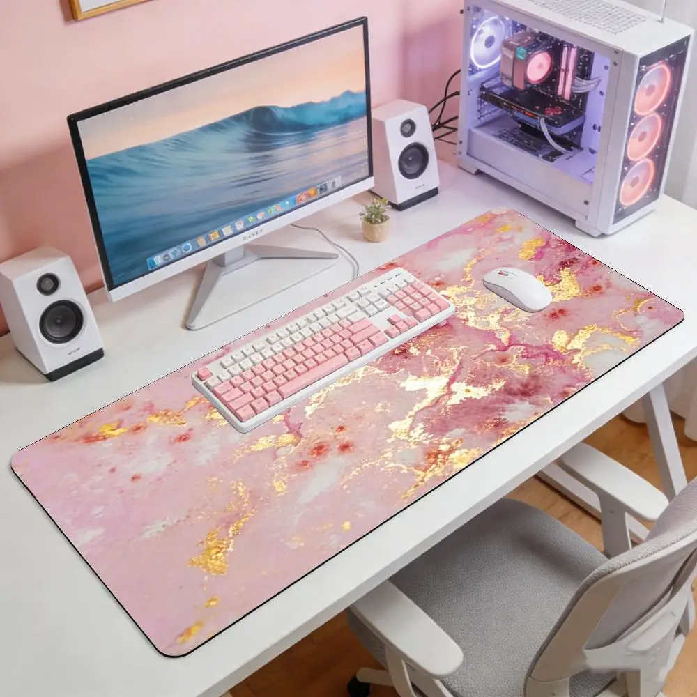 XXL Pink Gold Foil Marble Gaming Large Mouse Pad Abstract Liquid Desk Mat Non-Slip Rubber Stitched Edges Keyboard Mat for Gamer