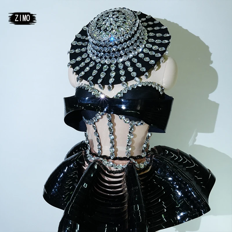 

drag queen GOGO and hat crystal Sexy Top Short Skirt 2-Pcs Set Women Celebrate Party NightClub Performance Dancer Stage Outfits