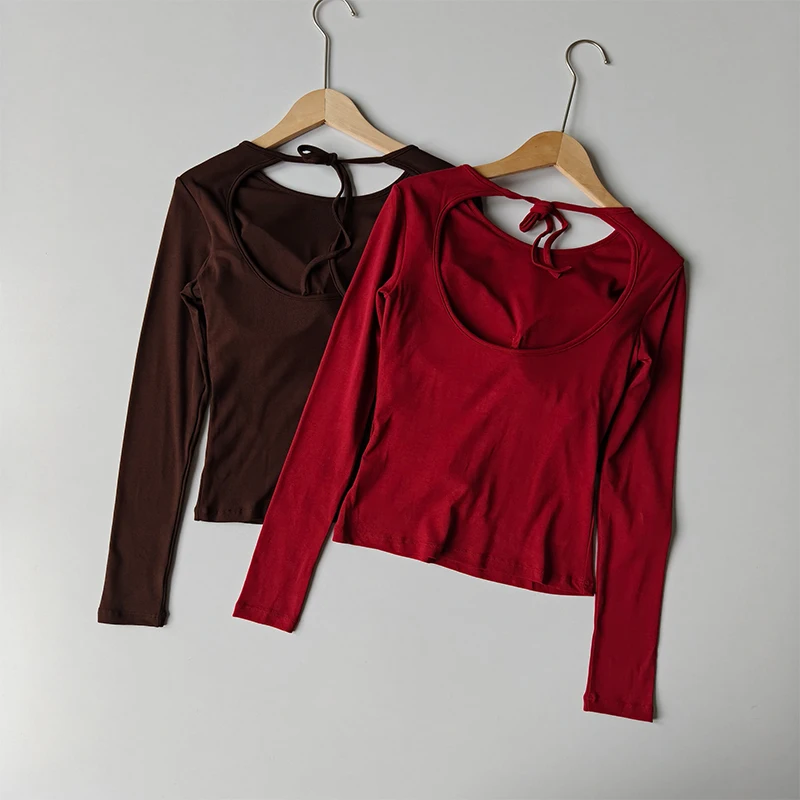 Rückenfreies Sporttop mit Trägern und Brustpolster für Damen, Hochwertige Gym-, Pilates- und Yoga-Bekleidung, Schnelltrocknendes Fitness-Langarmshirt – Detail 3