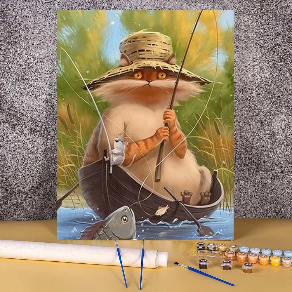 

Adult Digital Oil Painting DIY Kit Hand-painted Oil Painting Frameless Digital Coloring Home Decoration Cartoon Cat Fishing