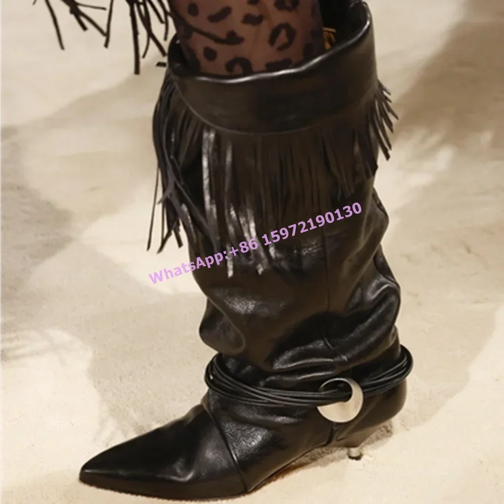 

Fringe Metal Ring Runway Boots Pointy Toe Kitten Heels Leather Solid Cool Ankle Boots Large Size Winter Women's Shoes 2025