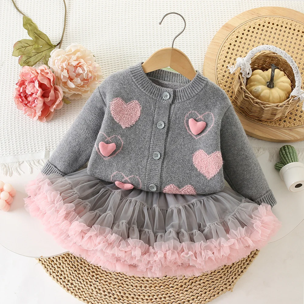 أطفال بنات لطيف سترة + تنورة لامعة مجموعة أزياء حساسة الأميرة الكورية طويلة الأكمام الانحناء الحياكة سترة معطف عالية الخصر A-l