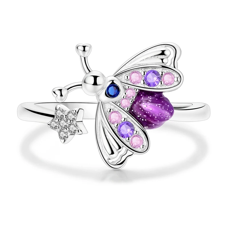 Original 925 Sterling Silver Sparking Luminous Firefly Stars Open Rings For Women Girls Jewelry Birthday Anniversary Gifts